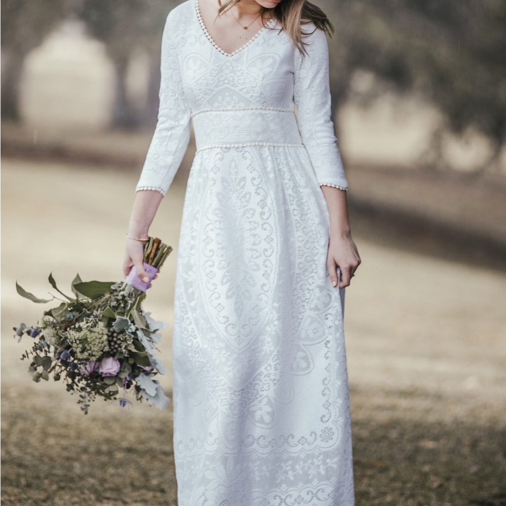 Saldana Vintage Indie Lace cotton Wedding Dress crochet lined soft Bohemian Sz S
